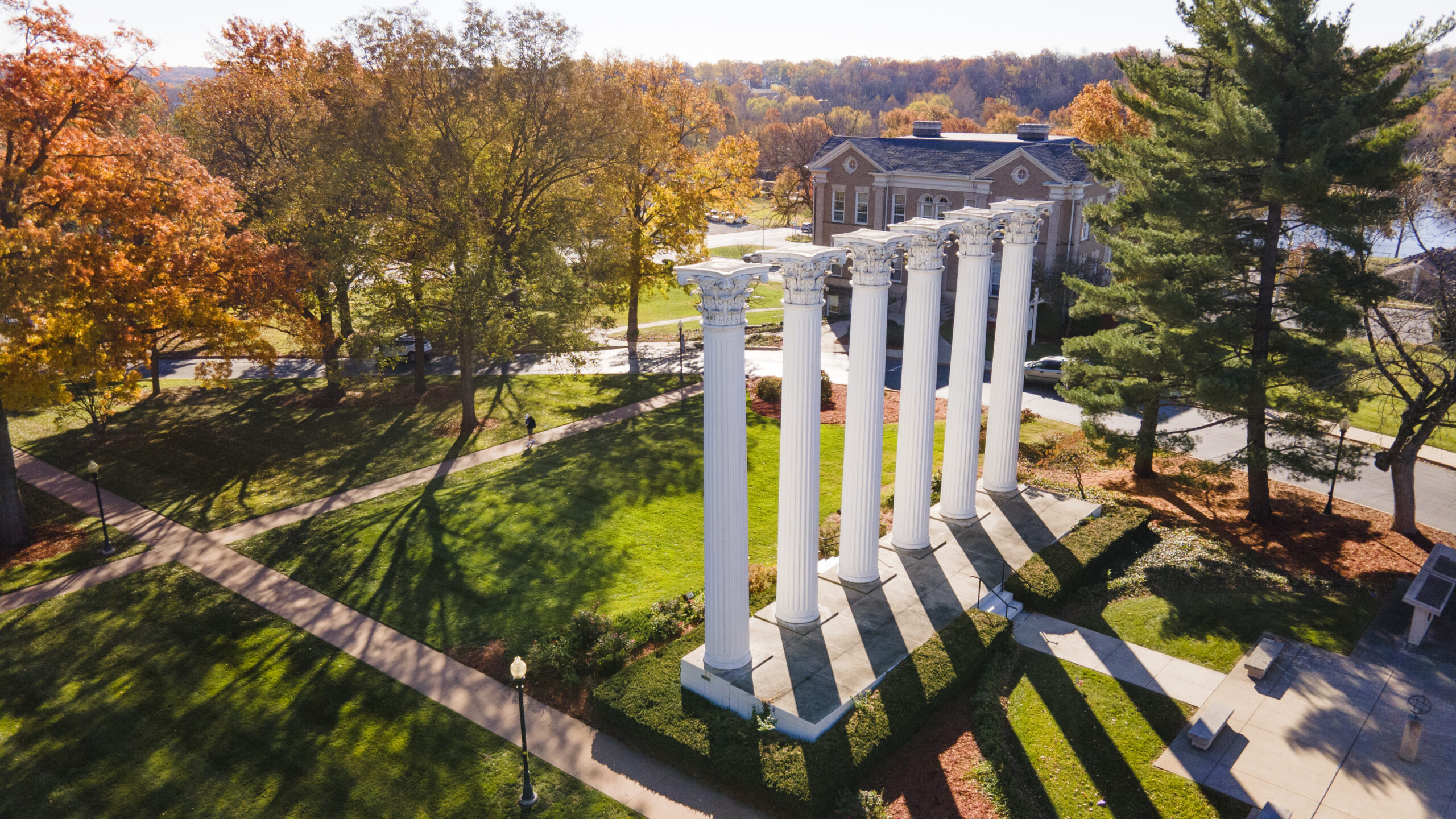 Aerial view of the Columns on Westminster's campus