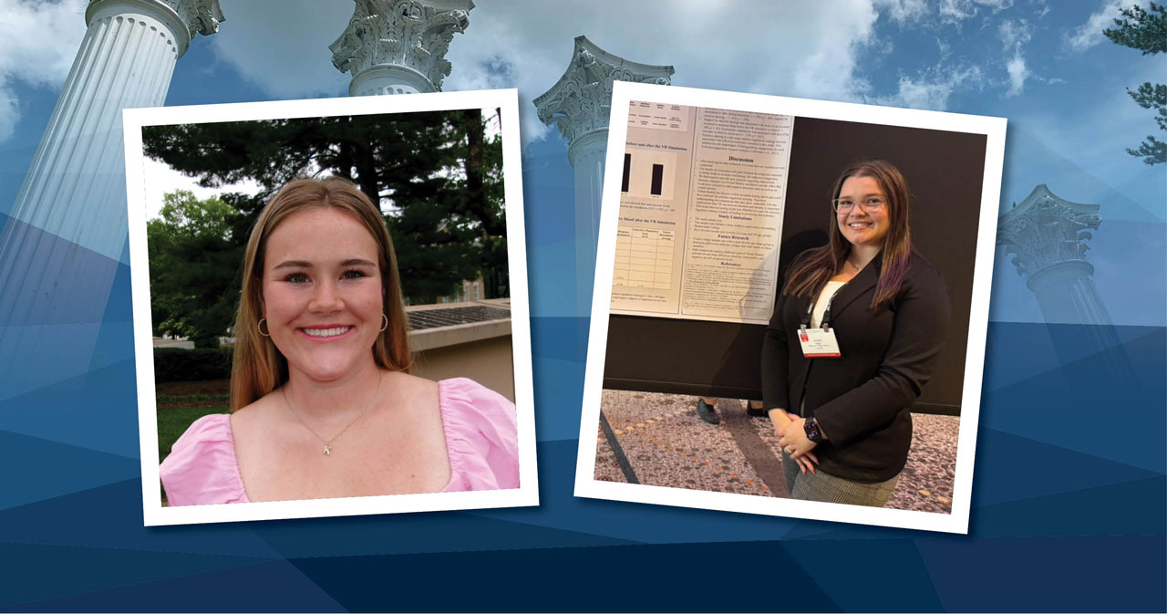 An image of Kaitlyn Halamicek, in a pink blouse, smiling on campus, is placed next to an image of Alyssa Hays in a black jacket, posing in front of a presentation. Both photos are placed on top of a blue box that matches with Westminster's color scheme.