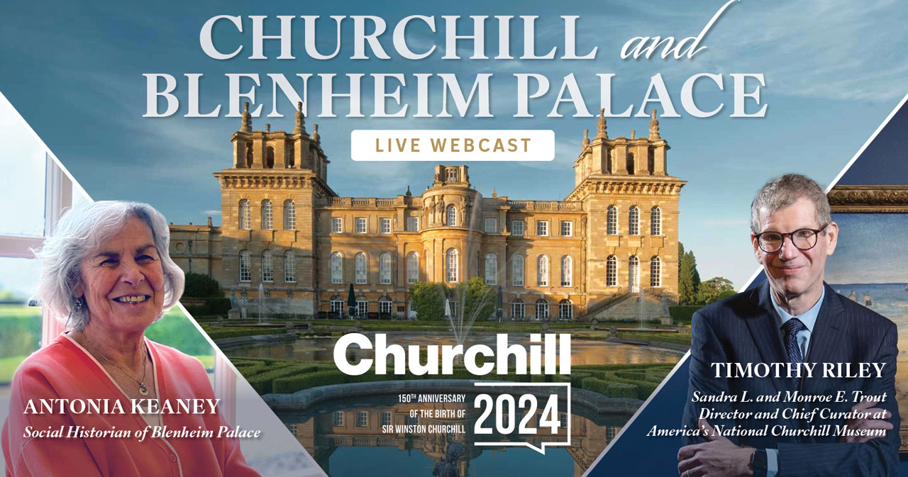 The hosts of the webcast on pictured on the left and right in front of an image of Blenheim Palace with "Churchill and Blenheim Palace" written above.