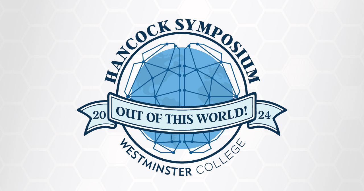 The 2024 Hancock Symposium logo that features a navy globe and sash with the "Out of This World" theme across it is pictured in front of a white background.
