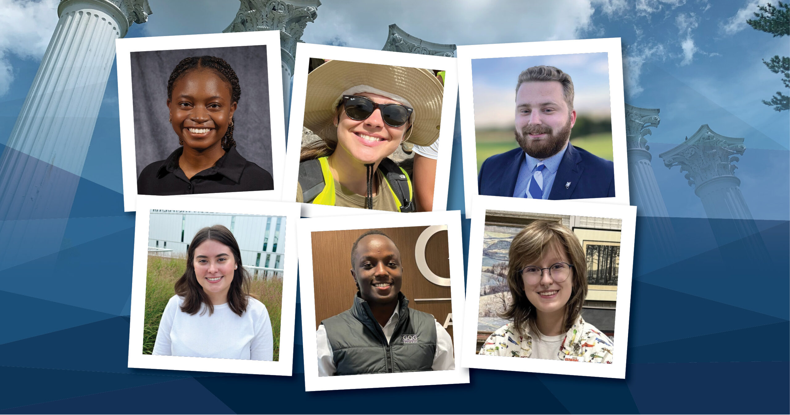 Six featured students are pictured in individual headshots placed on a blue background.
