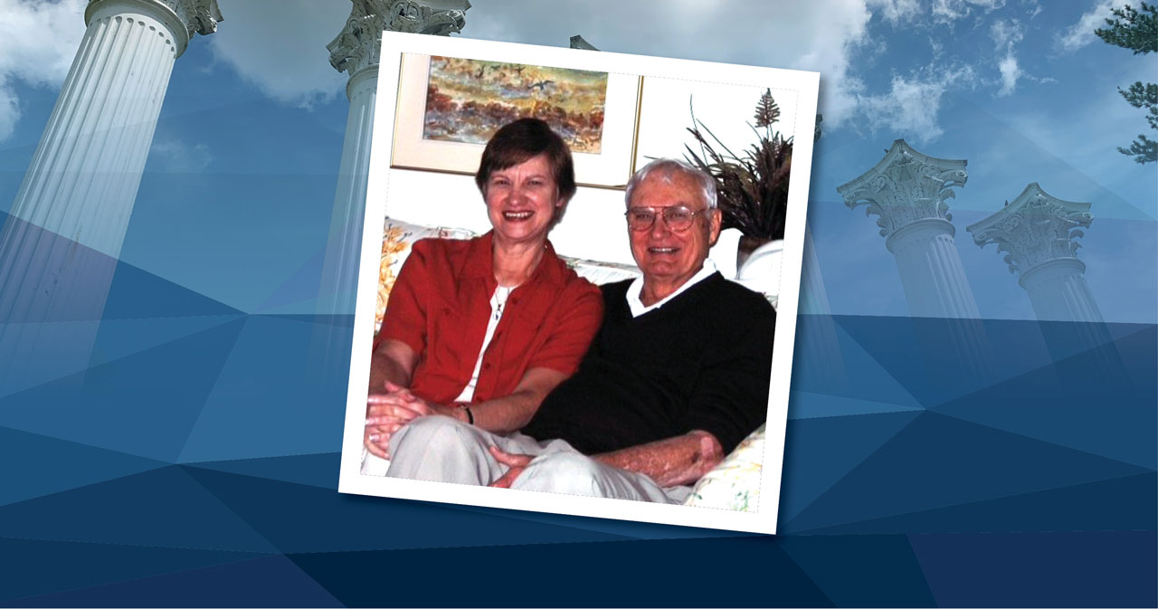 A photo of Alice Henson in a red jacket and Donald Henson in a dark sweater is positioned over a blue background.