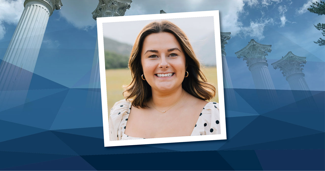 Tatum Covey is featured in a square photo, smiling, in a white floral blouse. The photo is placed over a blue background.