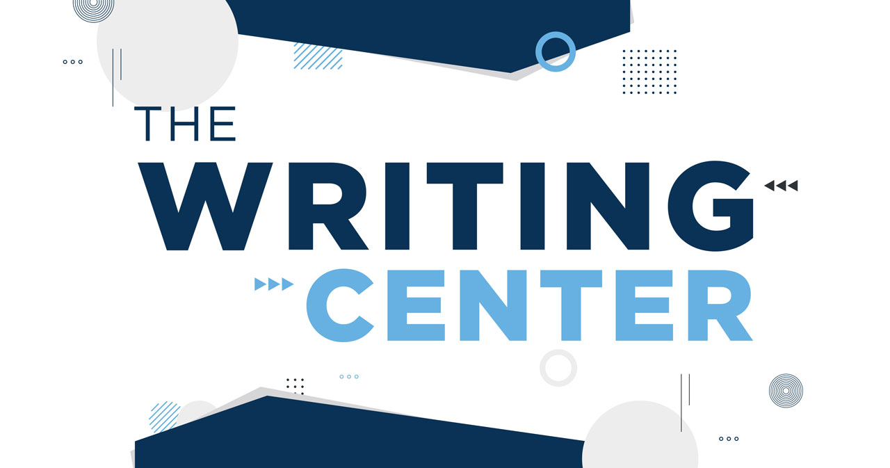A white box with various geometric shapes and the words "The Writing Center," in blue, appear on a white background.