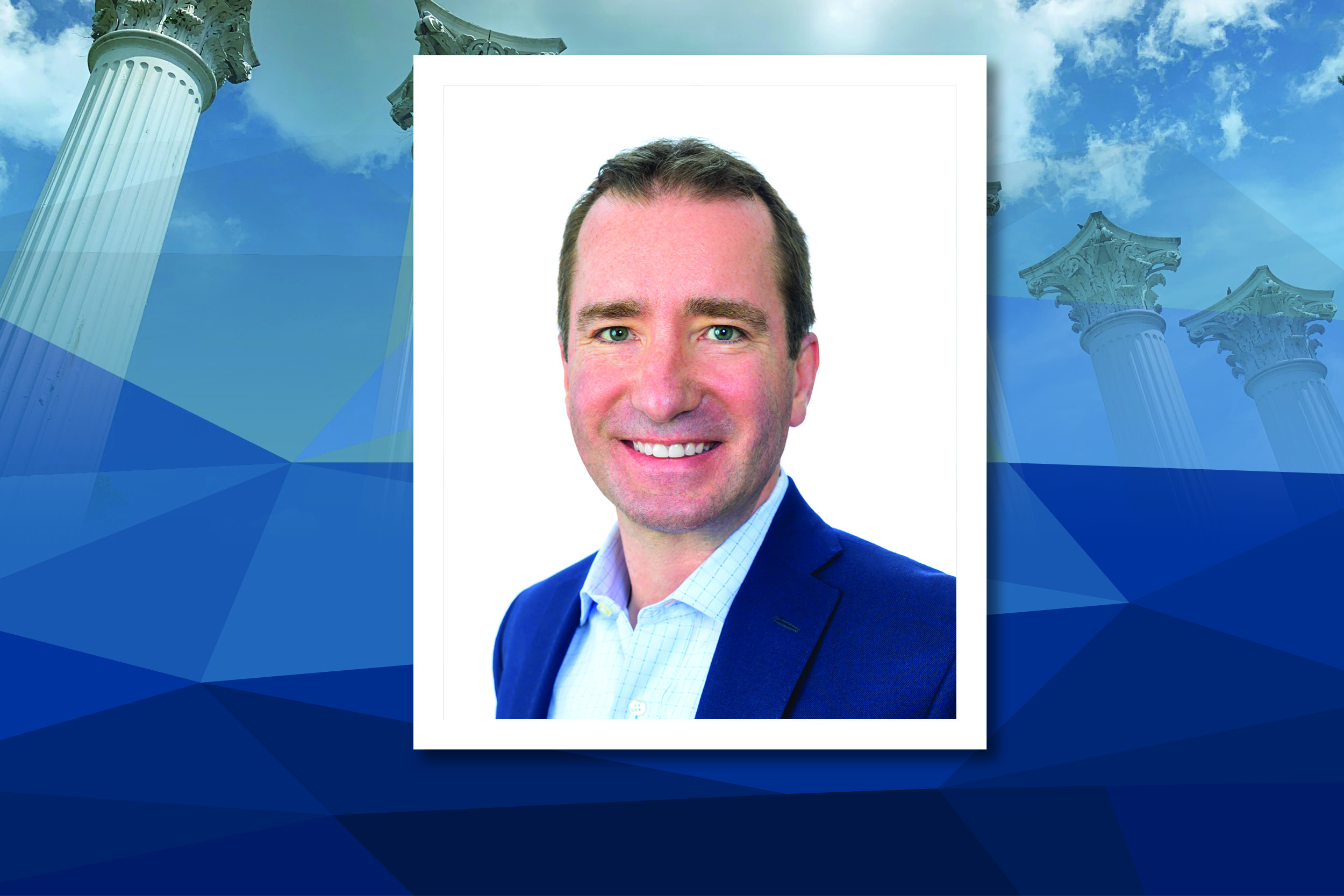 Jeffrey Palmer is pictured wearing a navy blazer and light blue shirt. His square photo is placed ove a rectangular blue background.