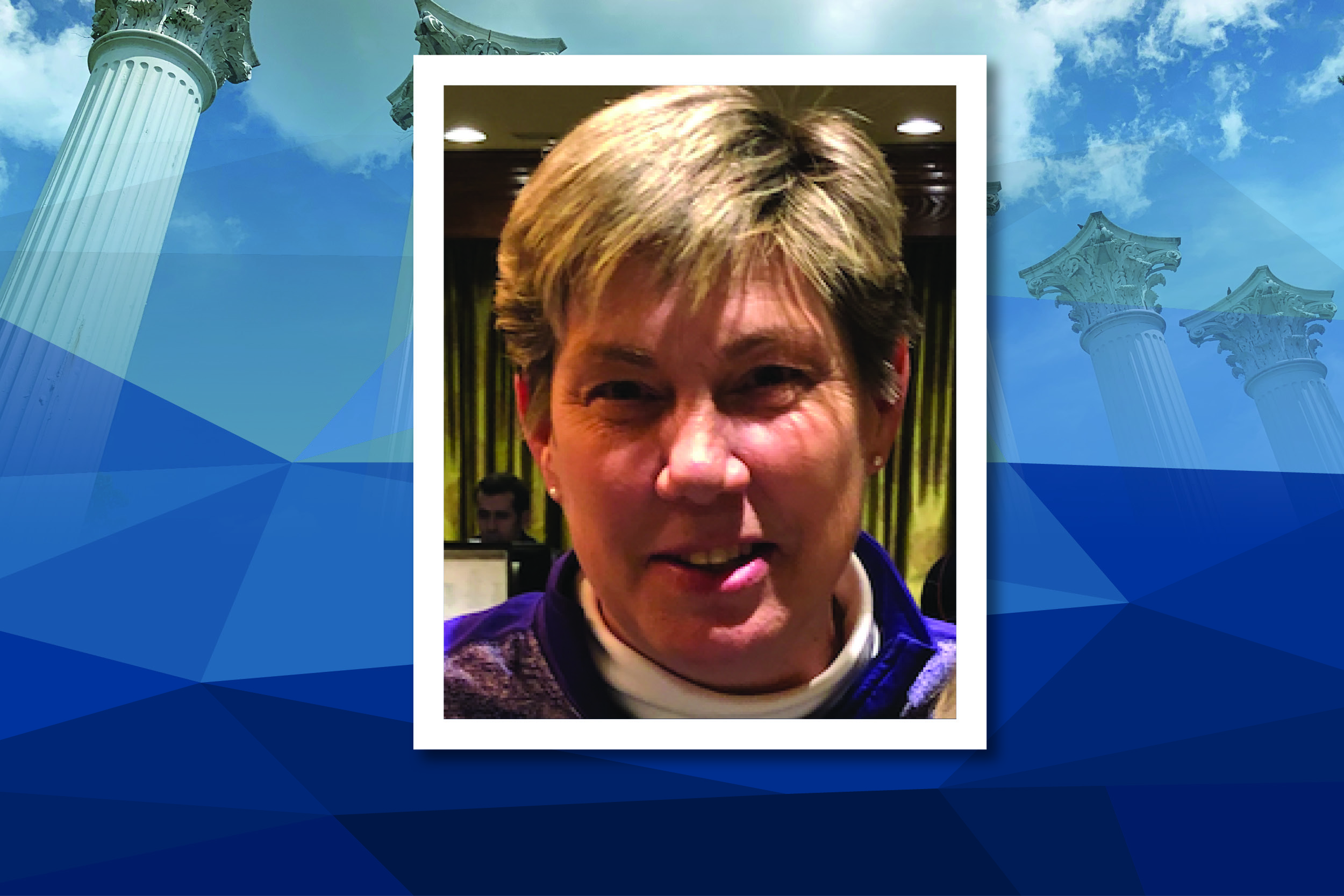 A headshot of Karen Tompson-Wolfe, in a square format, is placed over a rectangular blue background.