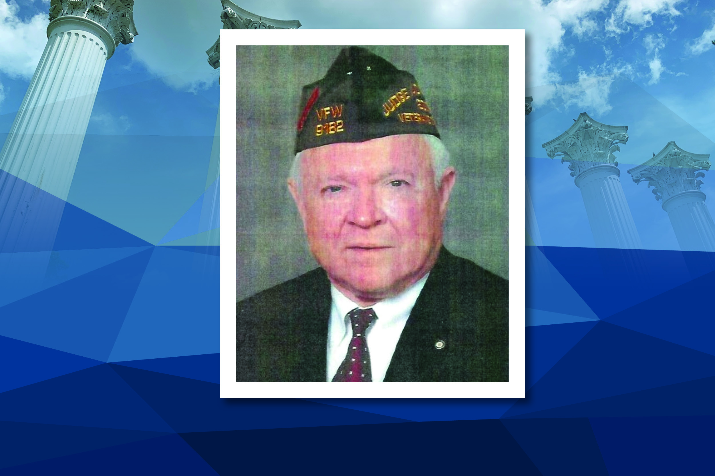 Kenneth R. Burton, wearing a cap and dark suit coat, white shirt, and a tie, is pictured in a center square in a rectangular format with a blue background.