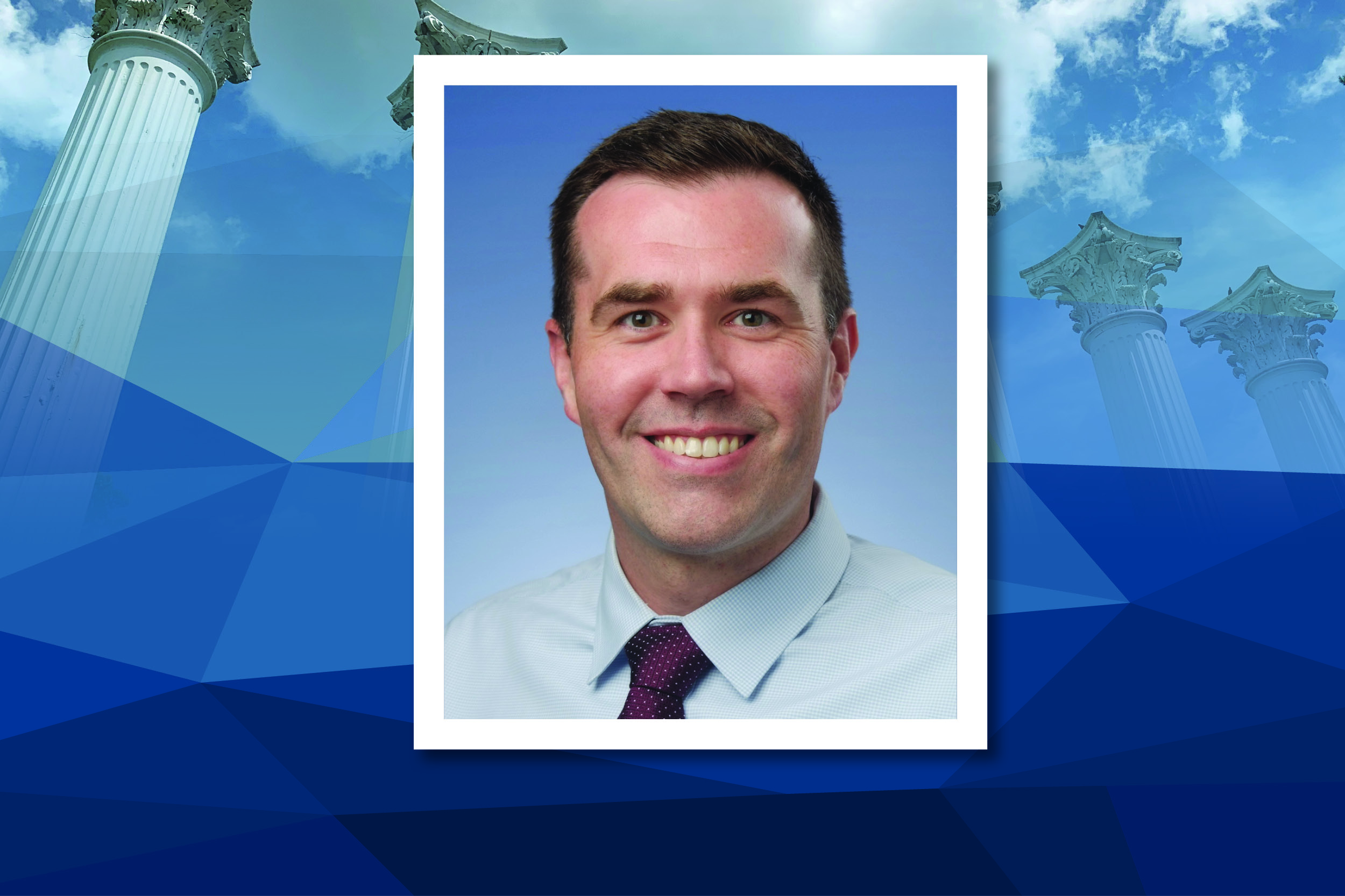 Matt Greaves is pictured in a light shirt and dark tie. His image, in a square, is placed over a blue background.
