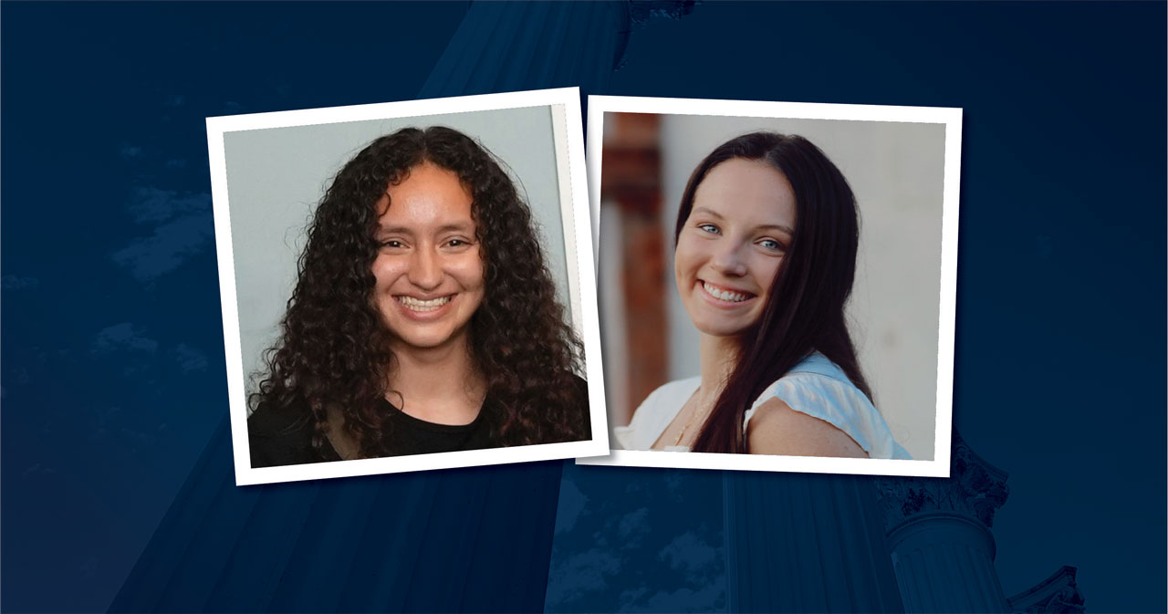 Annette Ramirez and Charlotte Kurtz and pictured in separate headshots, from left to right, smiling. The square photos of each are outlined in white and placed on a navy background.