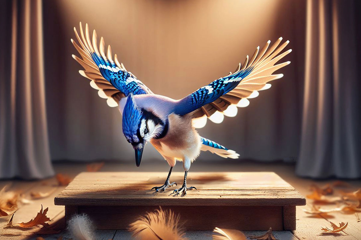 A bowing blue jay stands on a stage, bowing to the right.