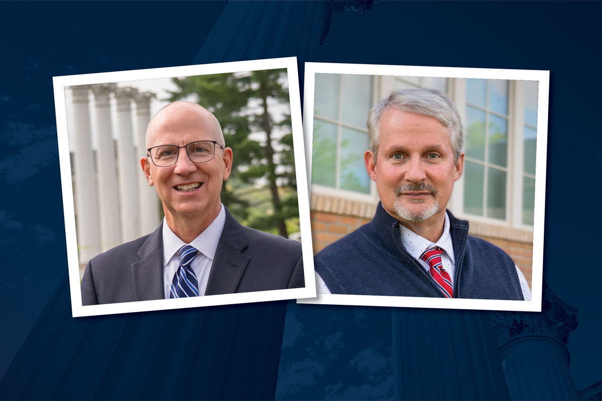 Two photos are placed side by side over a blue background. The photo on the left is of Jerry Ganz Jr., and the photo on the right is of Dr. Steve Tyrell. Both pose in front of recognizable locations on Westminster's campus.