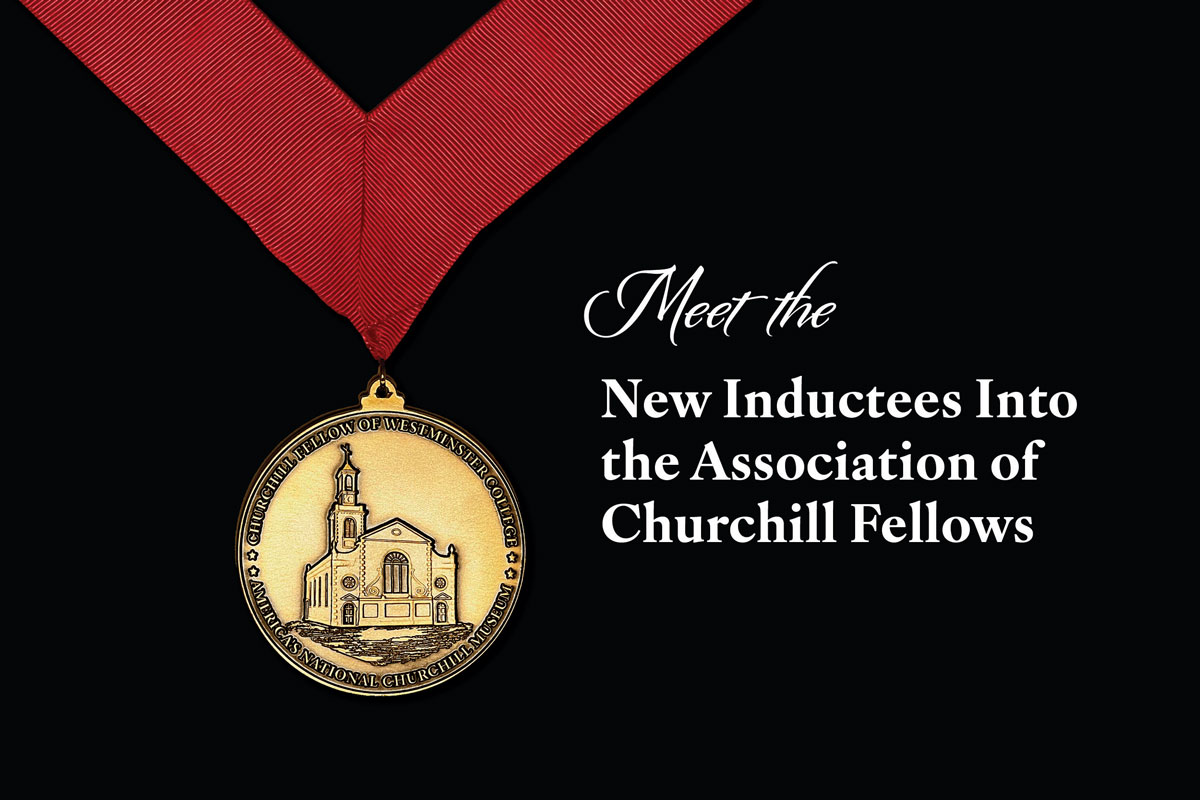 A black rectangle sports a crimson ribbon with a gold medal hanging from it. The medal is embossed with an image of ANCM. Next to the image are the words,"Meet the New Inductees Into the Association of Churchill Fellows."