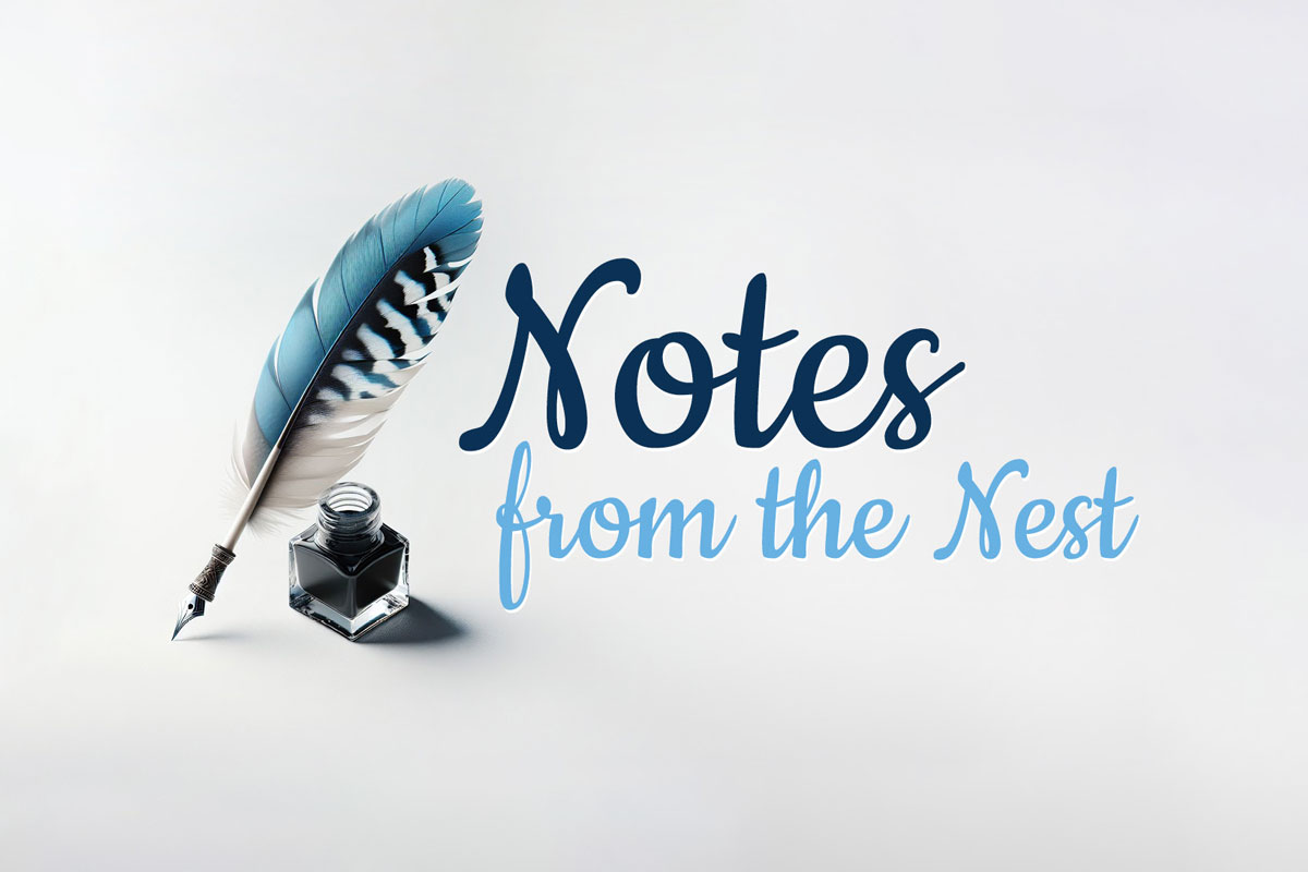 A white box features the text "Notes from the Nest" in blue script. A quill and ink bottle appear to the left of the image.