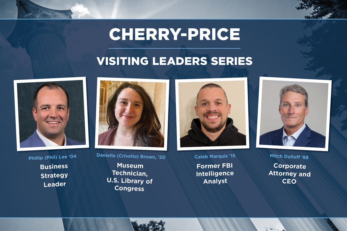 All four Cherry-Price speakers are featured in squares that are placed over a blue background with white accompanying text that lists who they are.