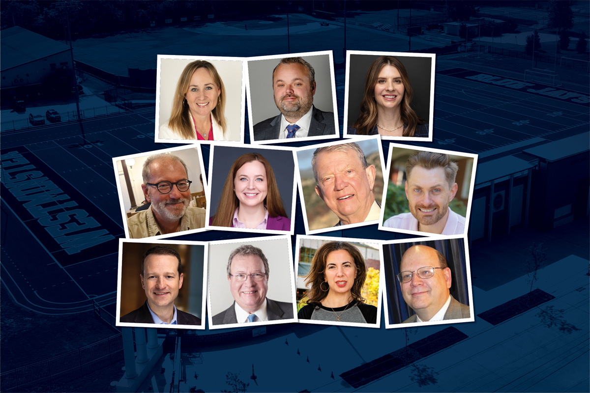 Each of the Alumni Achievement Award honorees in three rows placed over a navy background.