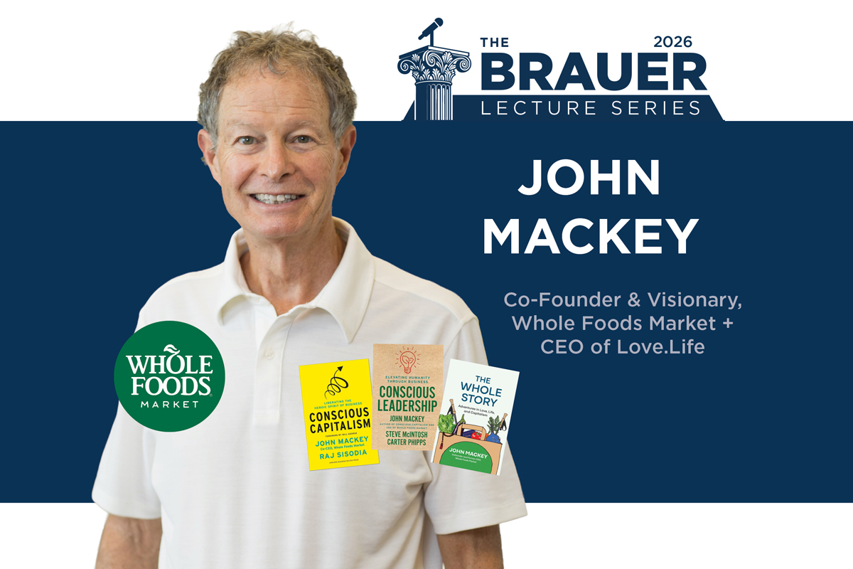 John Mackey is pictured in a white sport shirt in front of a navy background. The Brauer Lecture logo is to his left.
