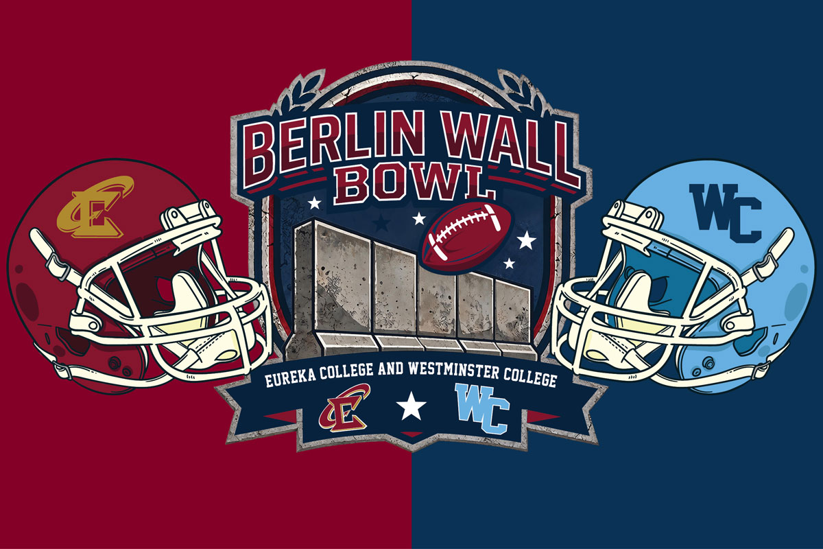 A rectangular image featuring the Red Devils' football helmet, left, and Blue Jays' blue football helmet, right, showcases a center image that says "Berlin Wall Bowl." The rectangle is half red, half blue.