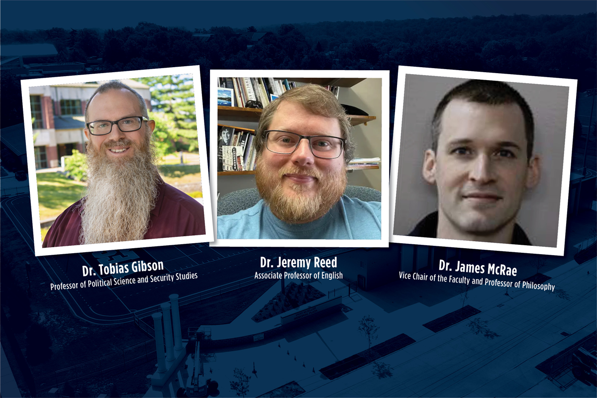 The three faculty members mentioned in the story are pictured in individual, square headshots with their names beneath their faces. Their photos are on a navy background.