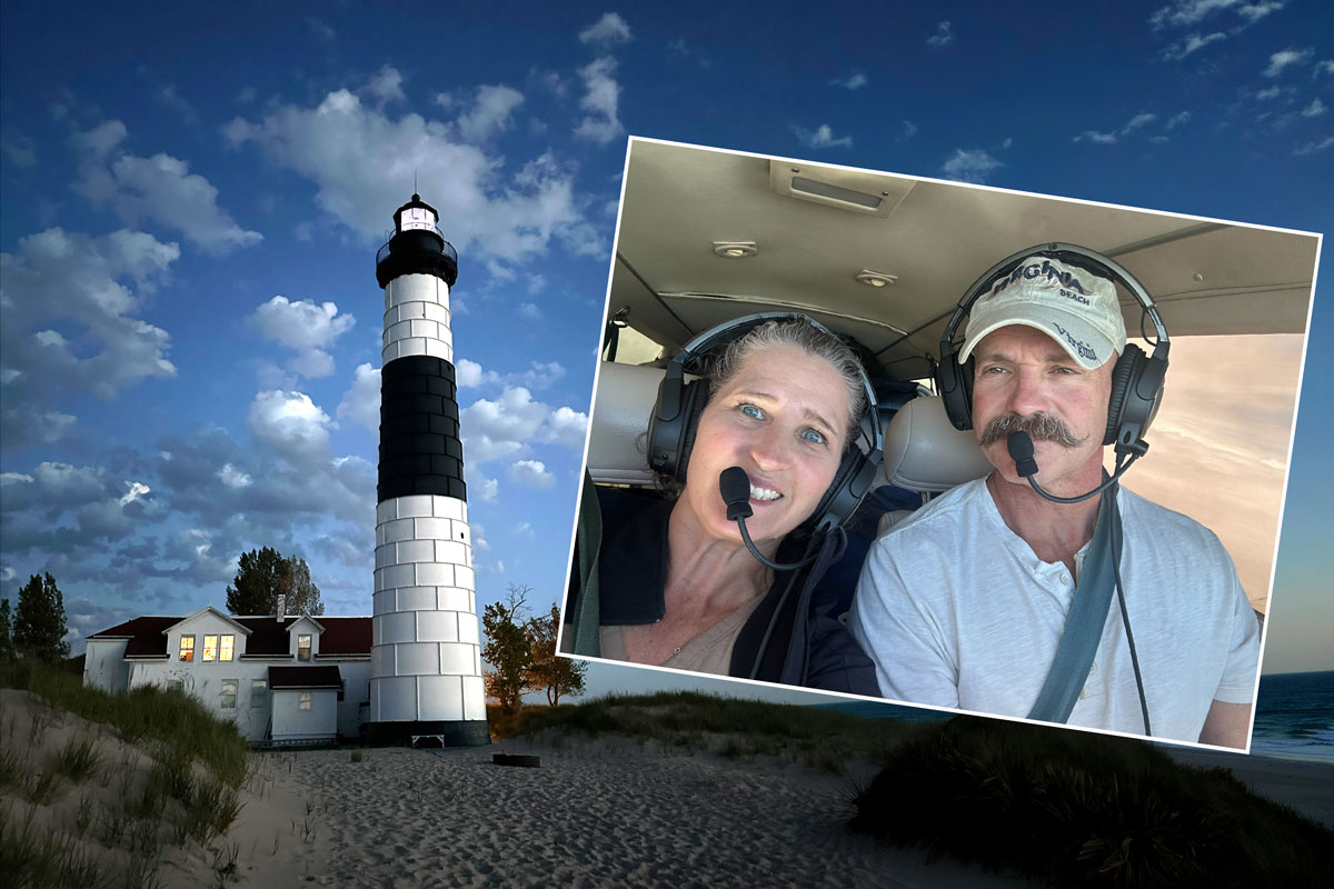 An image of a black-and-white lighthouse is pictured to the left of a photo of Kim Lorentz and her husband, Dave, in the cockpit of their plane.