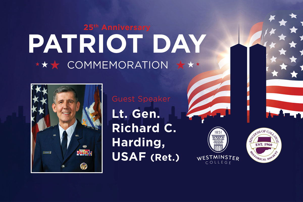 A photo of Lt. Gen. Richard Harding (Ret.) in a uniform beside an American flag is situated to the left inside a navy rectangular image. The twin towers with an American flag behind them and accompanying text is found to the right and above Harding's photo.