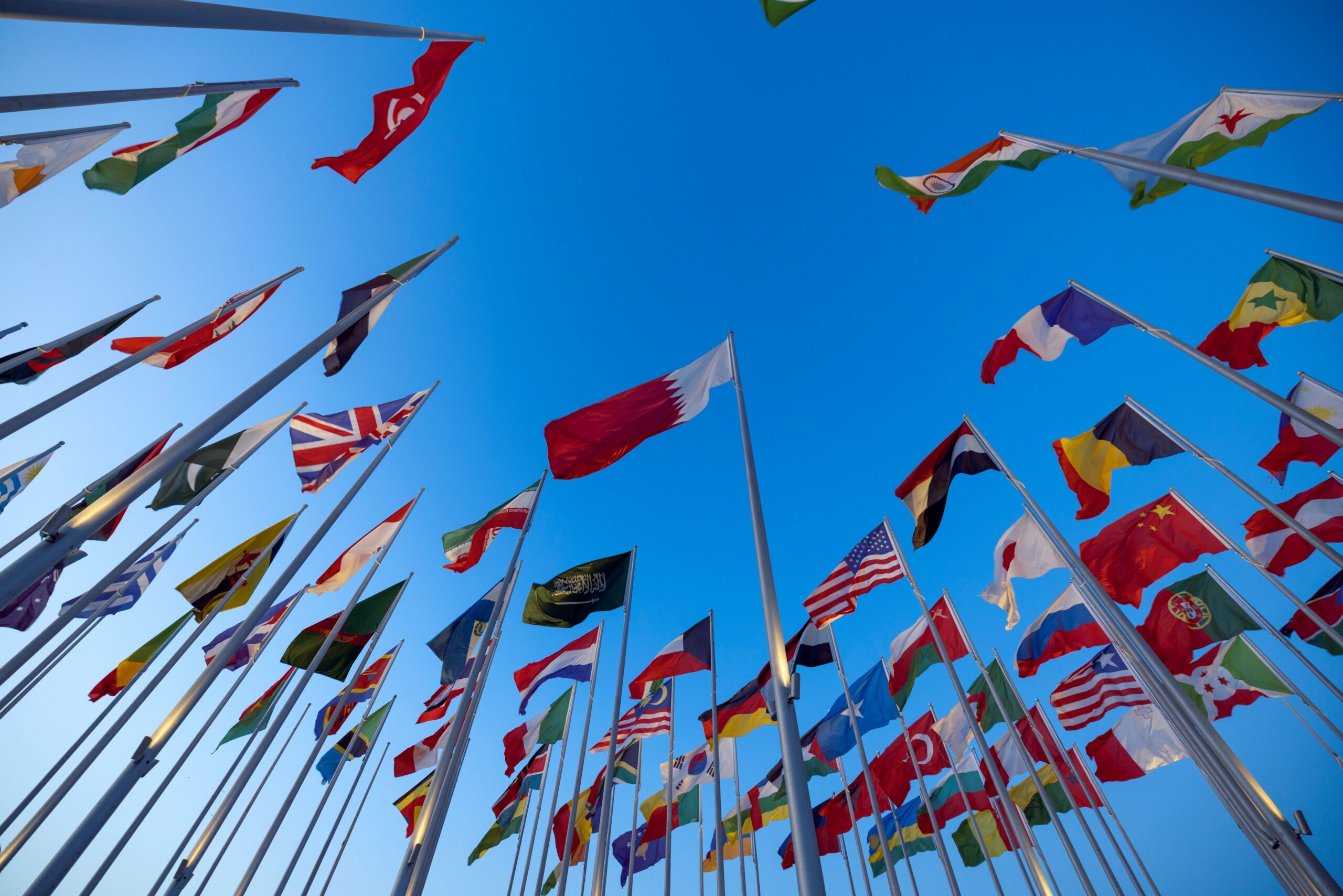 A variety of colorful international flags are pictured against the backdrop of a blue sky.