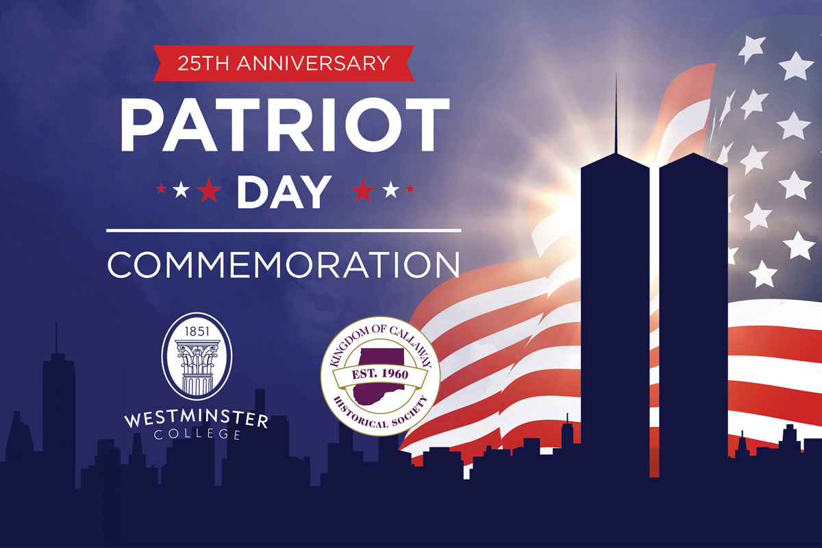 An image of the Twin Towers in New York with a flag in the background can be viewed on the right of the words "Patriot Day Commemoration." The Westminster College logo and Callaway Historical Society logo are both found beneath the heading.