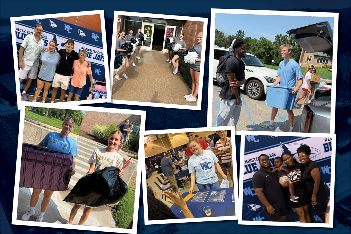 Six square images are placed over a rectangular background. Each image shows students and families during New Student Move-In.