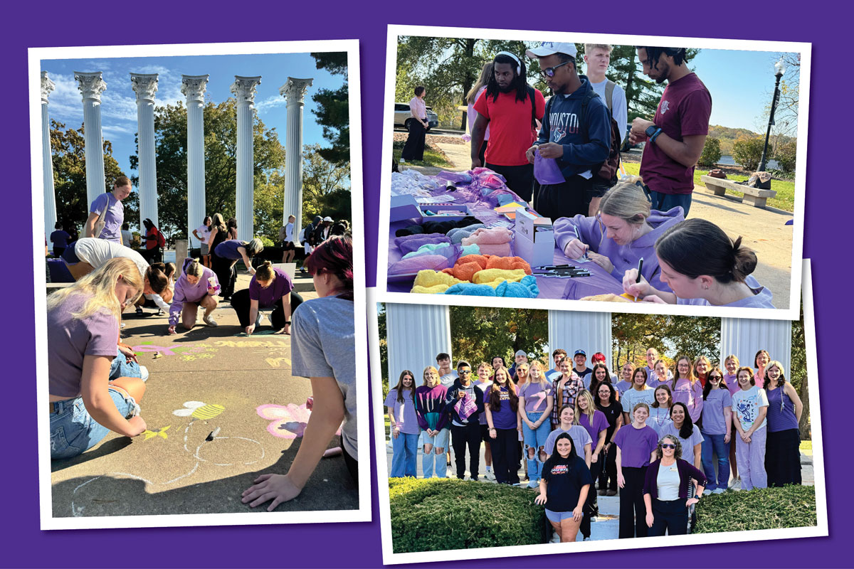 Three images are featured on a purple rectangular background. One image is of women creating chalk art in front of the Columns, far left. An image above right is of students examining giveaways at a table, and the third, below right, is of all volunteers posing in front of the Columns.